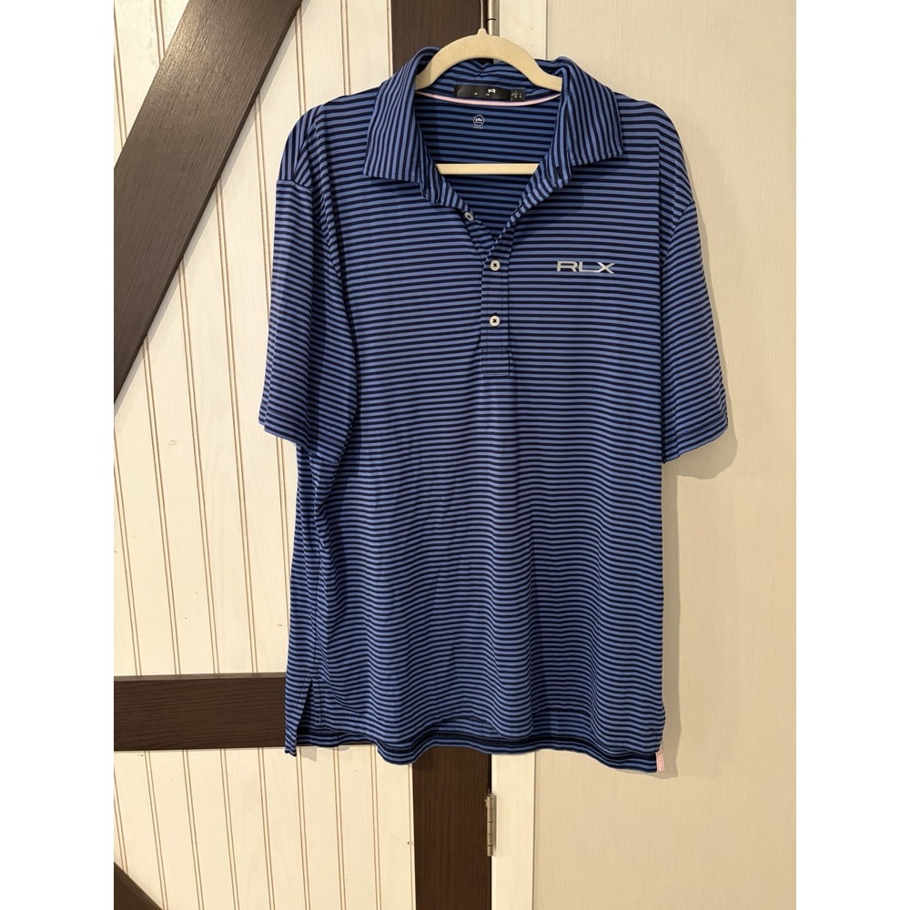 RLX Ralph Lauren Golf Mens Polo Large Blue Stripe Moisture Wicking Tailored Fit